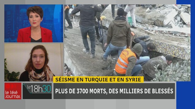 Julie Drolet en entrevue vidéo avec Miriane Demers-Lemay, à côté d'images de secouristes au travail après le séisme.