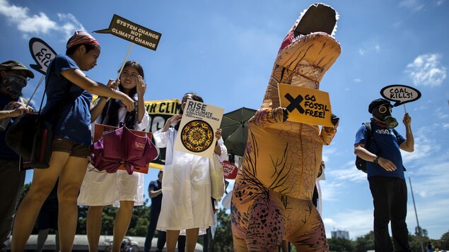 Des manifestants tenant des pancartes, dont l'un d'eux, habillé en dinosaure, tient une pancarte Go fossil free (Finissons-en avec les énergies fossiles). Des manifestants tenant des pancartes, dont l'un d'eux, habillé en dinosaure, tient une pancarte Go fossil free (Finissons-en avec les énergies fossiles).