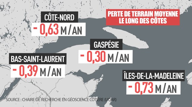 Des experts de la Chaire de recherche en géoscience côtière de l’UQAR ont calculé le déplacement moyen de la ligne de côte. Ces données indiquent que la Côte-Nord perd, en moyenne, 63 centimètres de terrain chaque année le long de la côte. Cette perte moyenne annuelle est de 30 centimètres en Gaspésie, 73 centimètres aux Îles-de-la-Madeleine et 39 centimètres au Bas-Saint-Laurent. Des experts de la Chaire de recherche en géoscience côtière de l’UQAR ont calculé le déplacement moyen de la ligne de côte. Ces données indiquent que la Côte-Nord perd, en moyenne, 63 centimètres de terrain chaque année le long de la côte. Cette perte moyenne annuelle est de 30 centimètres en Gaspésie, 73 centimètres aux Îles-de-la-Madeleine et 39 centimètres au Bas-Saint-Laurent.