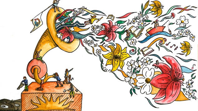 Illustration d'un phonographe par lequel sortent des fleurs, des livres, des personnages...