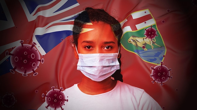 Une image montrant une jeune femme portant un masque entourée d'éléments qui symbolisent le coronavirus et le Manitoba : image du virus, drapeau de la province