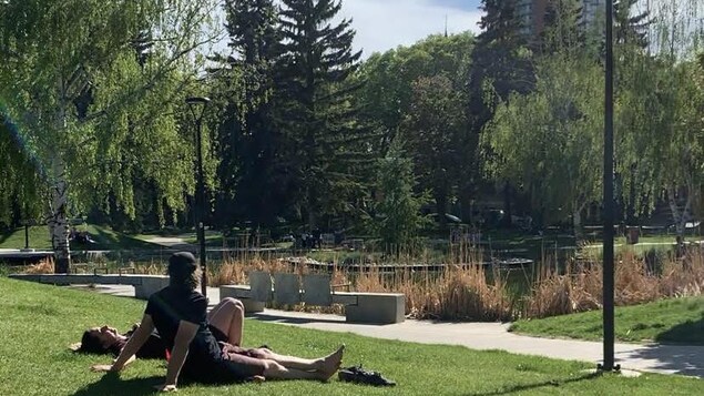 Deux personnes assises dans un parc ensoleillé.