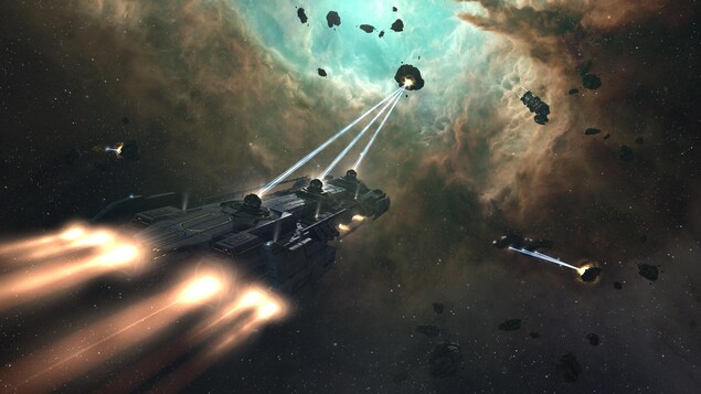 Une capture d'écran du jeu vidéo EVE Online montrant un groupe de vaisseaux spatiaux faisant feu sur des astéroïdes dans l'espace. Une capture d'écran du jeu vidéo EVE Online montrant un groupe de vaisseaux spatiaux faisant feu sur des astéroïdes dans l'espace.