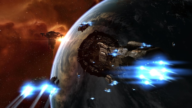 Une capture d'écran du jeu EVE Online montrant un vaisseau Titan en train de s'approcher d'une station spatiale en orbite au-dessus d'une planète. Une capture d'écran du jeu EVE Online montrant un vaisseau Titan en train de s'approcher d'une station spatiale en orbite au-dessus d'une planète.