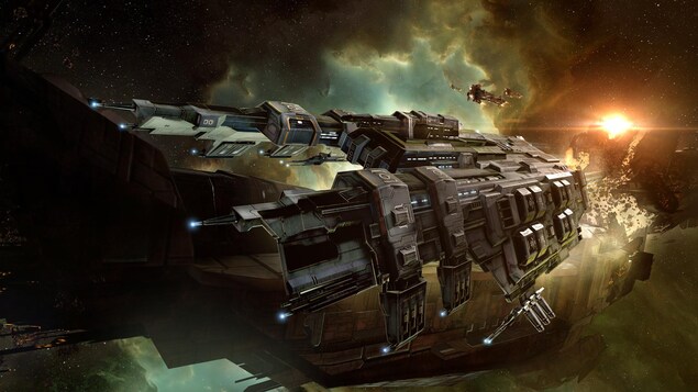 Une capture d'écran du jeu EVE Online montrant un vaisseau spatial de guerre s'éloignant de l'épave d'une autre vaisseau. Une capture d'écran du jeu EVE Online montrant un vaisseau spatial de guerre s'éloignant de l'épave d'une autre vaisseau.