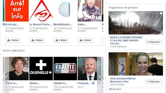 Capture d'écran des suggestions de pages reçues par le compte engagé dans le cadre d'une expérience Facebook. Capture d'écran des suggestions de pages reçues par le compte engagé dans le cadre d'une expérience Facebook.