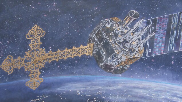 Un tableau de Martin Bureau représentant un satellite dans l'espace au-dessus de la Terre.