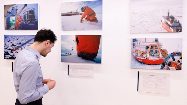 Photos accrochées sur le mur avec un visiteur qui regarde les oeuvres. Photos accrochées sur le mur avec un visiteur qui regarde les oeuvres.