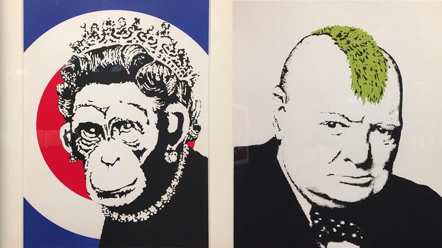 La représentation de la reine la montre avec un couronne, des boucles d'oreilles et un collier. Derrière elle, une cible en rouge et bleu. Le portrait de Churchill est tout en noir avec une tignasse qui semble végétale au centre de son crâne. La représentation de la reine la montre avec un couronne, des boucles d'oreilles et un collier. Derrière elle, une cible en rouge et bleu. Le portrait de Churchill est tout en noir avec une tignasse qui semble végétale au centre de son crâne.