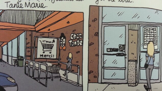 Une photo montrant un dessin présentant le magasin d’escompte Chez Tante Marie. Une photo montrant un dessin présentant le magasin d’escompte Chez Tante Marie.