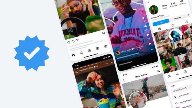 Blue checkmak katabi ang mga screen na naglalaman ng iba't ibang account ng Instagram.
