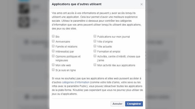 Une capture d'écran d'un menu de Facebook montrant la boîte de dialogue « Applications que d'autres utilisent ». Une capture d'écran d'un menu de Facebook montrant la boîte de dialogue « Applications que d'autres utilisent ».