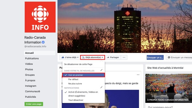 Une capture d'écran montrant la page Facebook de Radio-Canada Information avec les boutons « Déjà abonné(e) » et « Voir en premier » mis en évidence. Une capture d'écran montrant la page Facebook de Radio-Canada Information avec les boutons « Déjà abonné(e) » et « Voir en premier » mis en évidence.