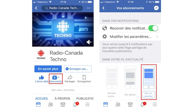 Deux captures d'écran de Facebook sur mobile placées côte à côte. Les boutons à cliquer sont mis en évidence en rouge. Deux captures d'écran de Facebook sur mobile placées côte à côte. Les boutons à cliquer sont mis en évidence en rouge.