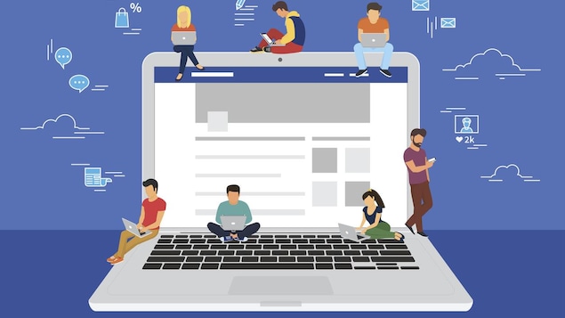 Ilustración que muestra a hombres y mujeres navegando por el sitio Facebook en teléfonos móviles y ordenadores portátiles.