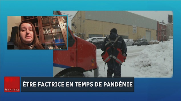 Une femme parle de son travail à la télévision et une autre image la montre en marchant dans la neige