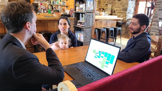 Trois adultes et un enfant sont assis autour d’une table sur laquelle est déposé un ordinateur portable.