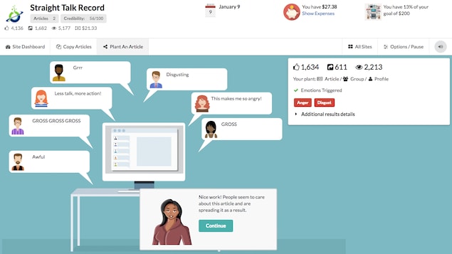 Une capture d'écran du jeu vidéo Fake it to Make it montrant des utilisateurs fictifs de réseaux sociaux qui réagissent à une fausse nouvelle. Une capture d'écran du jeu vidéo Fake it to Make it montrant des utilisateurs fictifs de réseaux sociaux qui réagissent à une fausse nouvelle.