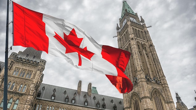 Drapeau du Canada qui flotte au rythme du vent en face du parlement canadien.