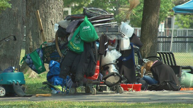 Une personne itinérante avec un chariot d'épicerie rempli de sacs et d'objets. 