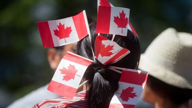 Une femme avec des drapeaux du Canada dans les cheveux. 
