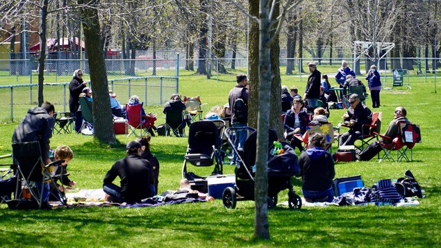 Des familles installées sur des couvertures dans un parc