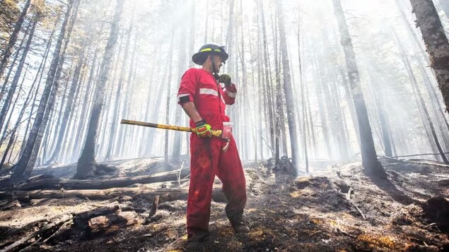 Un pompier travaille sur les lieux du feu de forêt dans la région de Tantallon.
