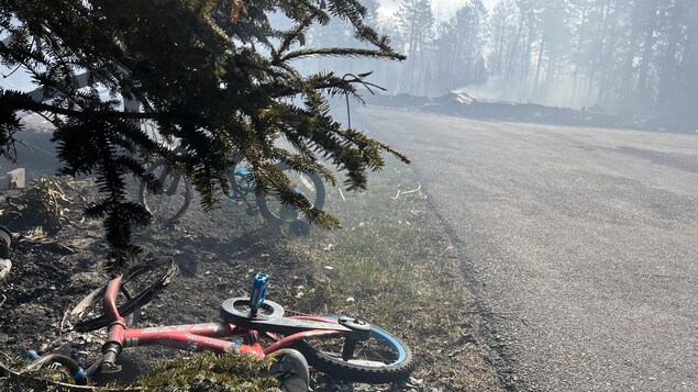 Un vélo d'enfant rouge abandonné en bordure d'une route. De l'autre côté, un feu de forêt consume un boisé.