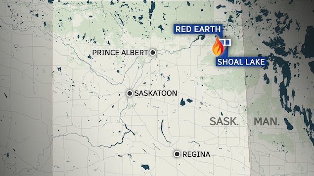 Une carte indiquant la présence du feu Bell, situé près des communautés de Red Earth et Shoal Lake.