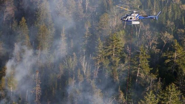 Un hélicoptère relâche sa cargaison d’eau sur le feu de forêt dans le secteur de Tantallon.