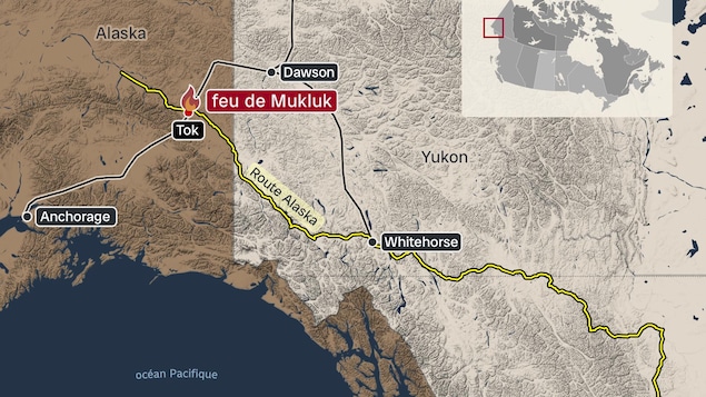 Carte de l'emplacement du feu Mukluk près de Tok, en Alaska.