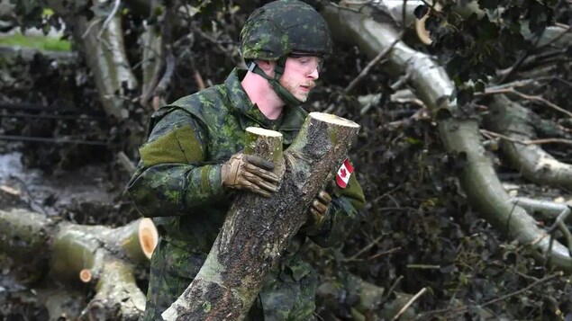 Un militaire canadien déplace une section de tronc d’arbre. Derrière lui, un aperçu des dévastations causées par la tempête post-tropicale Fiona.