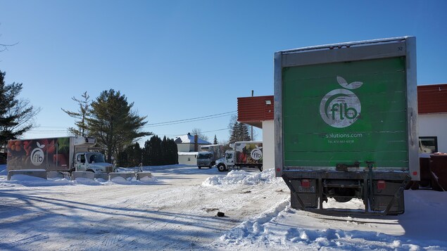 Le stationnement de l'entreprise FLB, en hiver, avec des camions aux couleurs de la compagnie