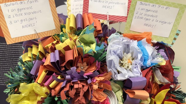 Des fleurs en papier avec des mots comme « gymnase » et « un gros parc ». Des fleurs en papier avec des mots comme « gymnase » et « un gros parc ».