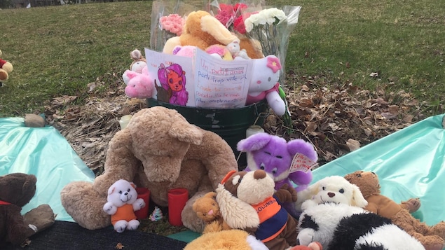 Des peluches, des fleurs et des messages.