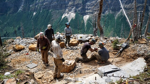 Six personnes sur une montagne en train de tailler des fossiles. 