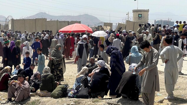 Une foule de personnes attendent devant des murs de béton près de l'aéroport de Kaboul.