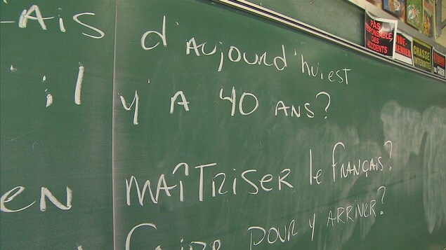 Des phrases écrites en français sur un tableau dans une école. Des phrases écrites en français sur un tableau dans une école.