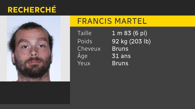 Francis Martel est recherché par la Sûreté du Québec et visé par un mandat d'arrestation pour meurtre au premier degré. Francis Martel est recherché par la Sûreté du Québec et visé par un mandat d'arrestation pour meurtre au premier degré.