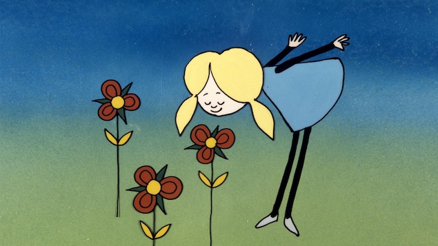 Illustration d'une fillette qui hume le parfum d'une fleur dans un champ.