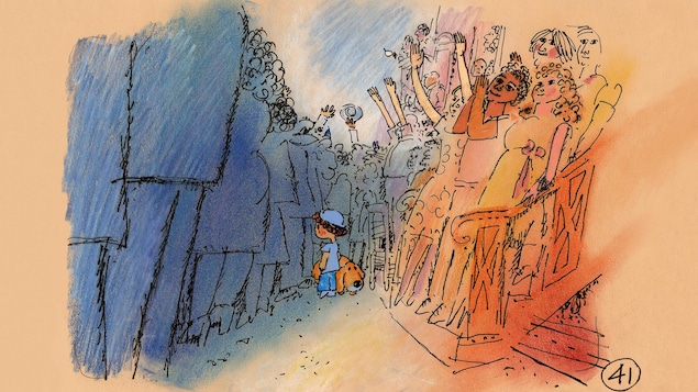 Illustration d'un petit garçon et de son chien qui sont pris entre des gradins remplis et une foule debout au défilé de la Saint-Jean-Baptiste.