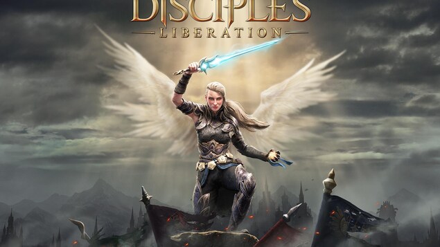 Image-titre du jeu Disciple:Liberation montrant une guerrière en cuirasse portant une épée lumineuse vers le ciel.