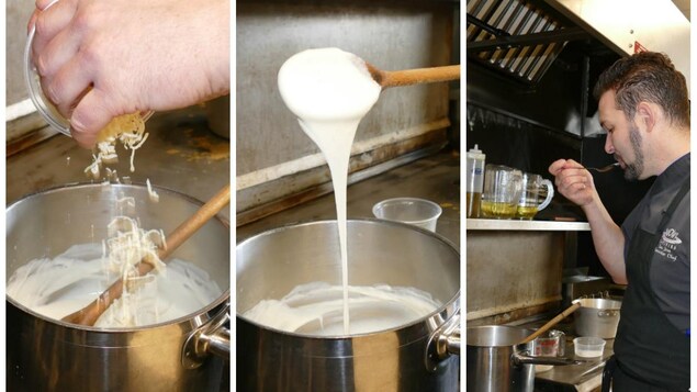 Luc ajoute le fromage dans la béchamel et y goutte. Luc ajoute le fromage dans la béchamel et y goutte.