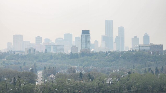 Les immeubles du centre-ville d'Edmonton sous un voile de fumée.