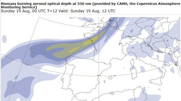 Une carte de l'Europe montre un rai de fumée au-dessus d'un bout de l'Espagne du Nord-Ouest et sur l'ouest de la France et la Belgique. Une carte de l'Europe montre un rai de fumée au-dessus d'un bout de l'Espagne du Nord-Ouest et sur l'ouest de la France et la Belgique.
