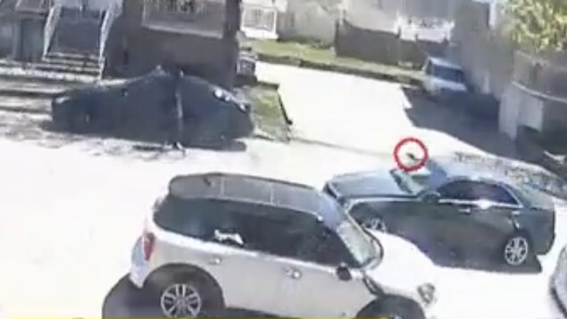 Les images d'une webcaméra montrent une auto en train de circuler. On voit sortir une main qui semble tenir une arme de poing.