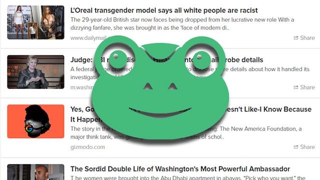 Logo de Gab, avec en arrière-plan la section des nouvelles du site. Le logo illustre une grenouille verte.