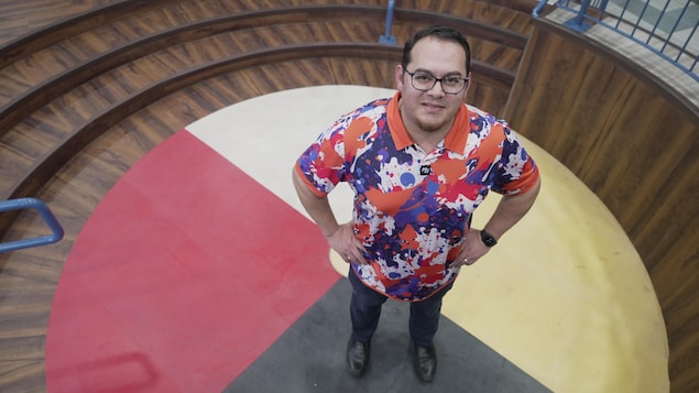 Gaëtan Baillargeon en chandail coloré filmé d'en haut.
