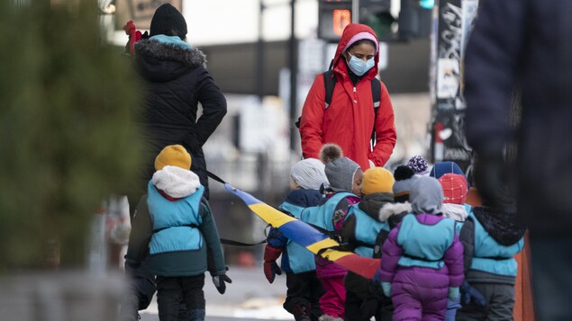 De jeunes enfants dehors et habillés chaudement marchent avec leurs surveillantes.