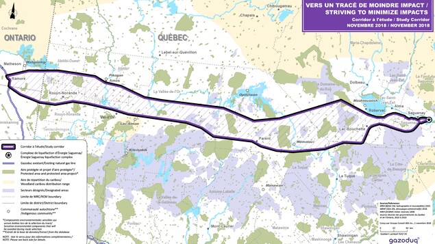 Une carte du Québec avec un tracé pour un futur oléoduc. Une carte du Québec avec un tracé pour un futur oléoduc.
